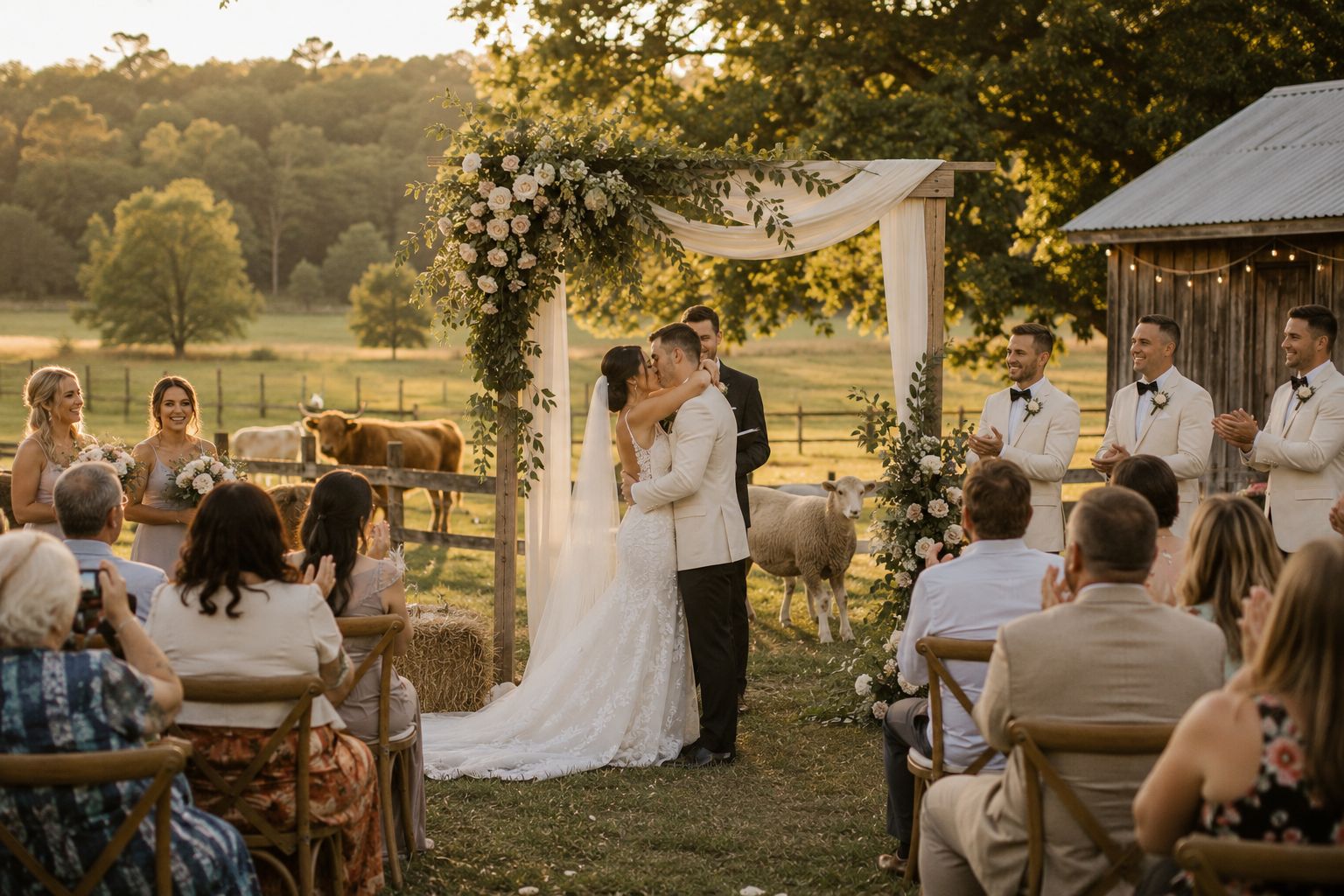 A couple's first kiss at a golden-hour outdoor ceremony