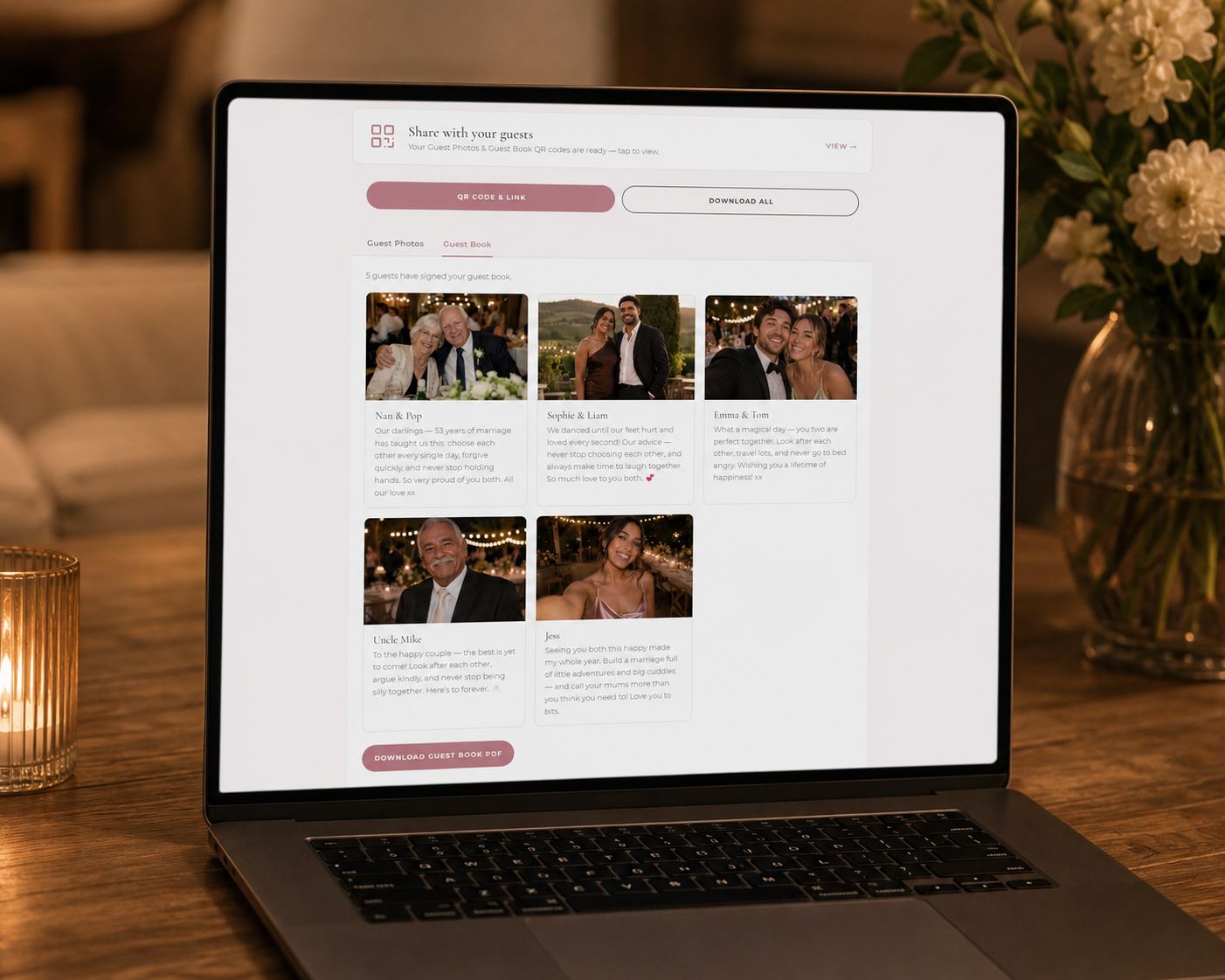 The digital guest book on a laptop, showing guests' photos and personal messages