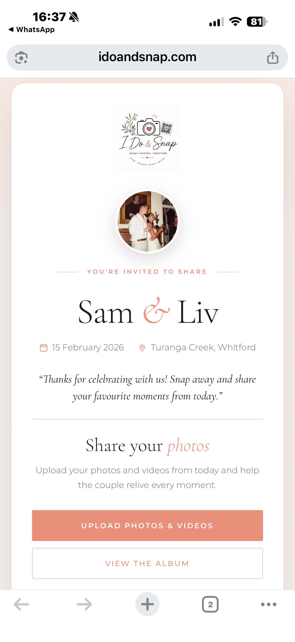 The I Do & Snap guest upload page on a phone