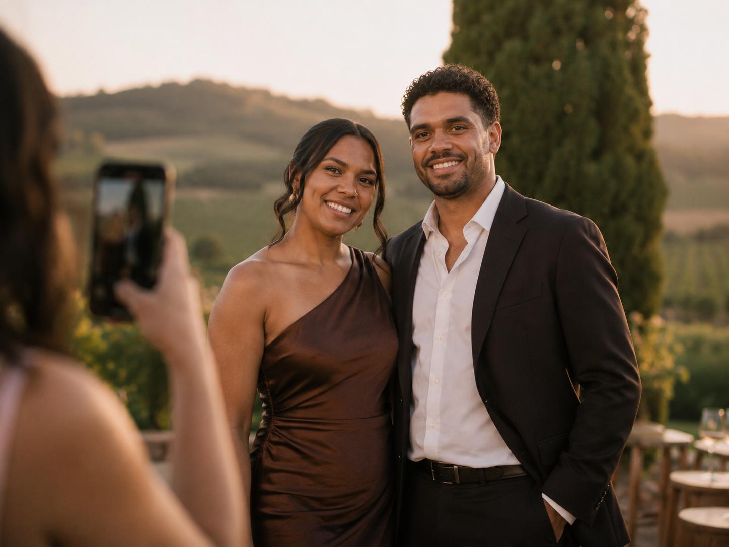 A guest photographing the newlyweds on her phone at a sunset vineyard