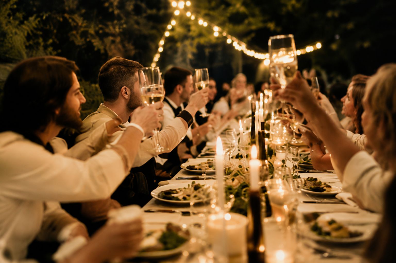 Guests raising a toast at a wedding
