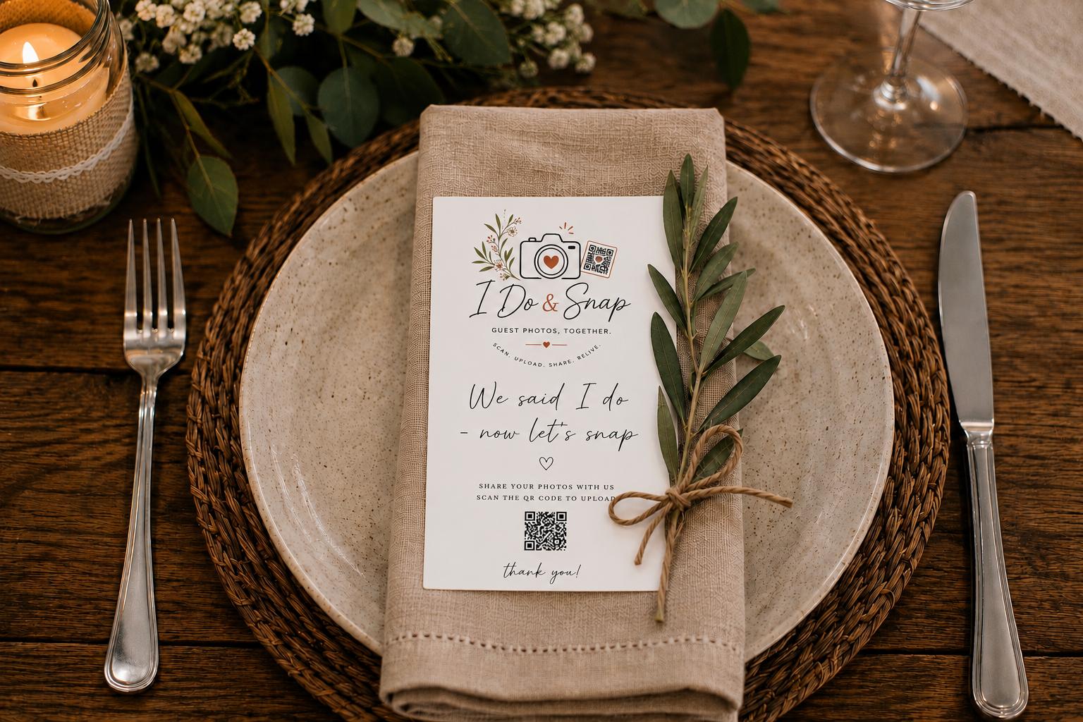 An I Do & Snap QR card on a guest's place setting
