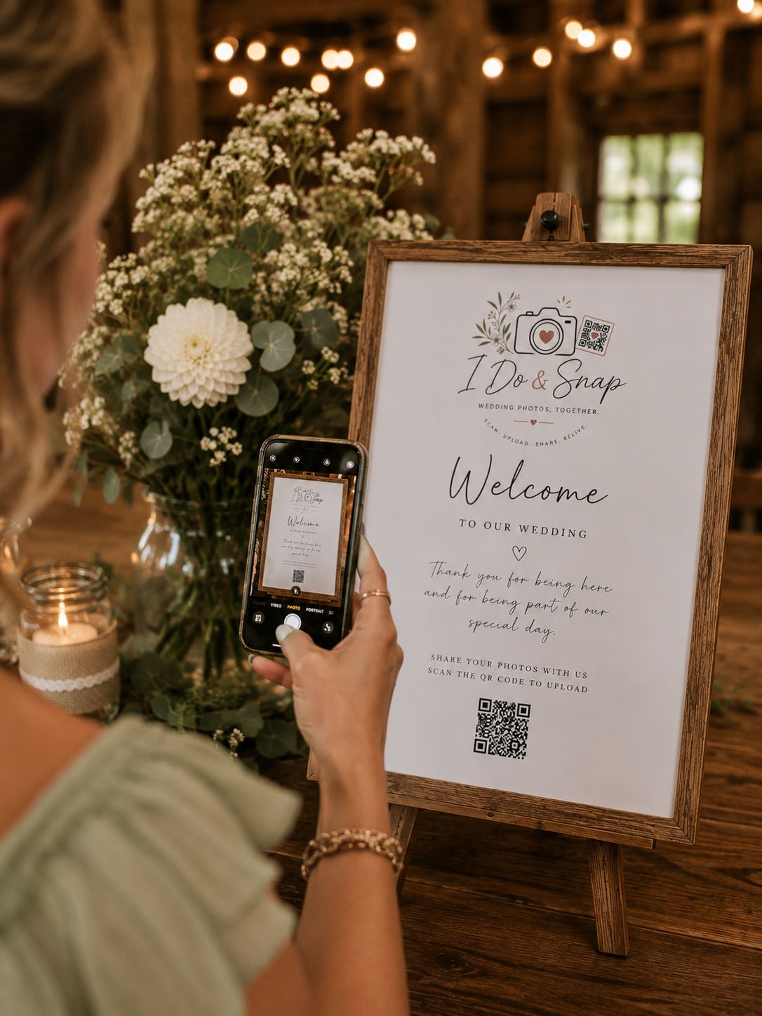 A guest scanning the I Do & Snap welcome sign with her phone