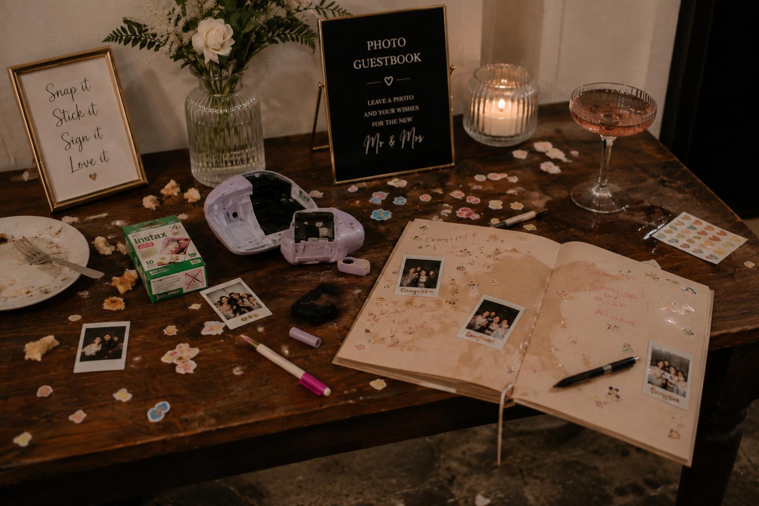 A wedding photo guestbook table at the end of the night — an open Instax camera with the battery out, scattered stickers and confetti, dried-out pens, polaroids falling out of a wine-stained guest book, and a dirty plate.
